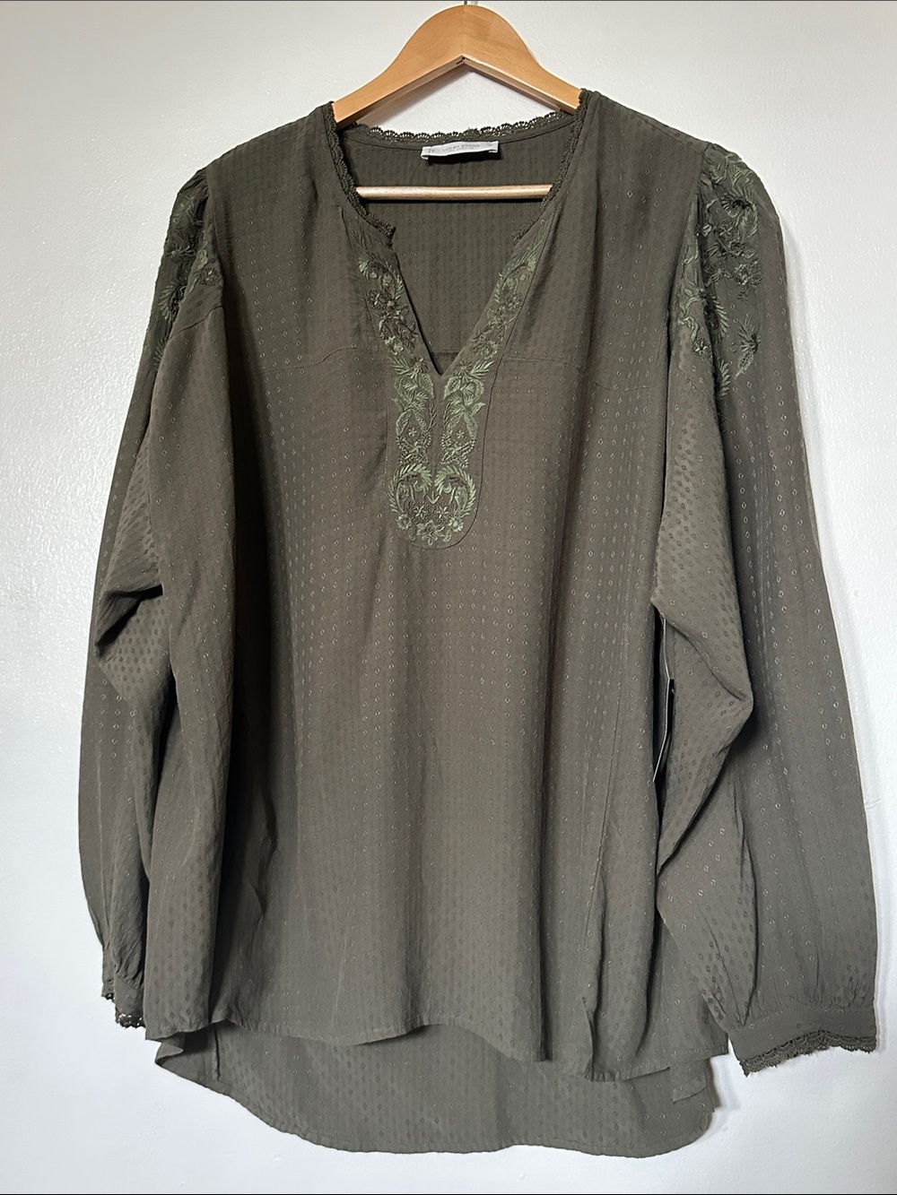 Lucky Brand Olive Embroidered V-Neck Blouse